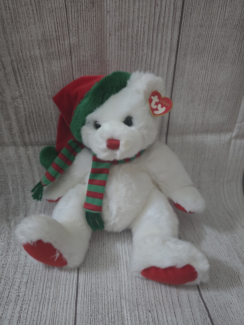 Ty Classic Garland White Holiday Bear with Red & Green Hat and Scarf